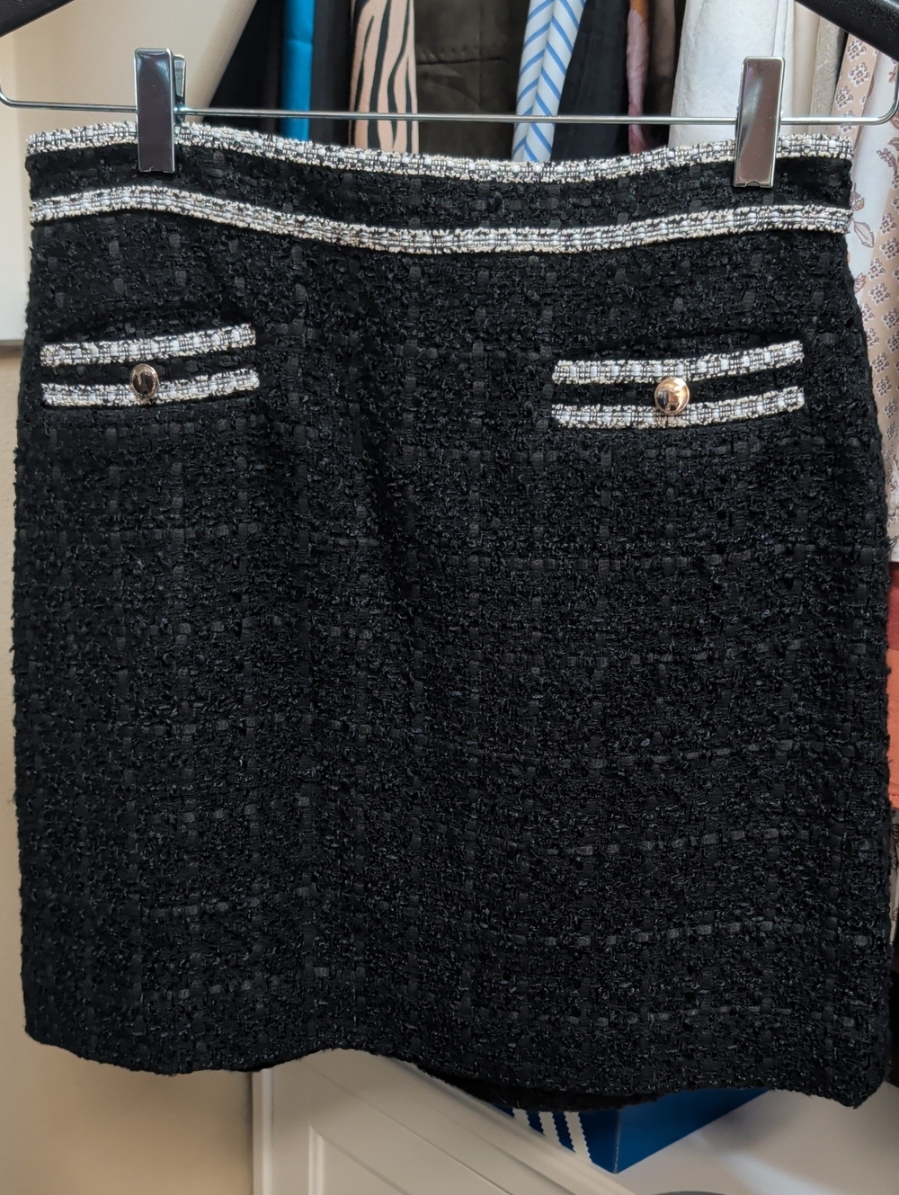 Ann Taylor Black Tweed Mini Skirt with Silver-Trim Pockets